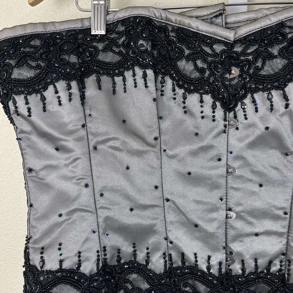 Corset Story Silver Beaded Lace Corset Size 38 Steel Boning Satin Lacing $299 - Picture 4 of 6